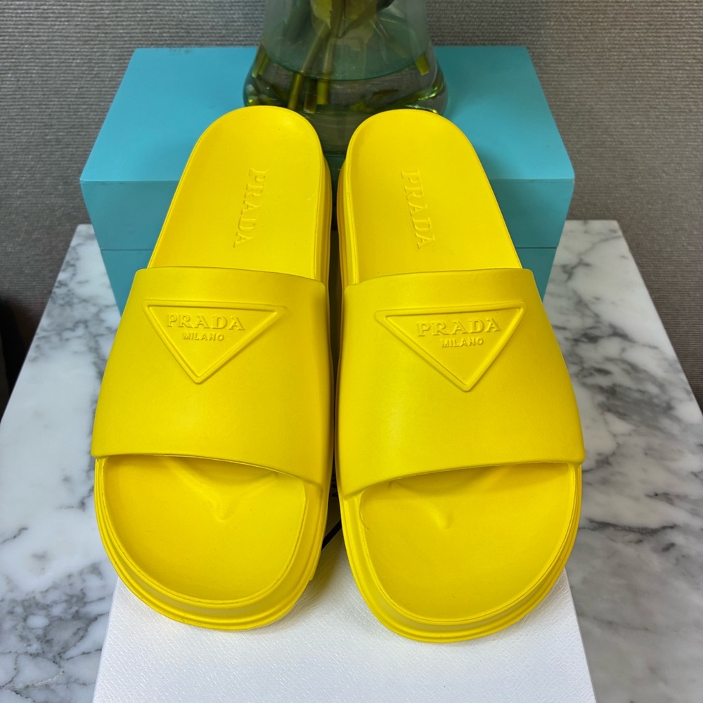 NIB Prada Sole Yellow Lightweight Rubber Triangle Slides EU 36 - US Approx 6